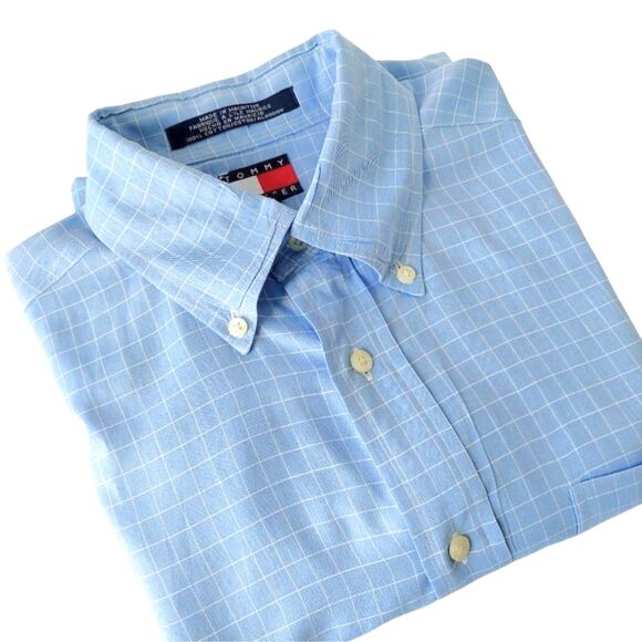 VTG 90s Y2K Tommy Hilfiger Blue Button-Down Windowpane Grid Shirt Sz M - Picture 13 of 14